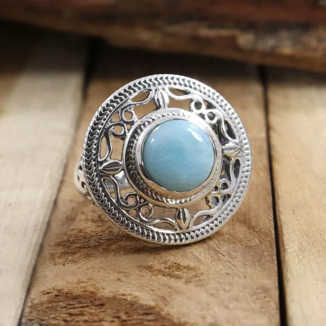 Larimar Gemstone Solid 925 Sterling Silver Jewelry Designer Women Ring Size US 8 2