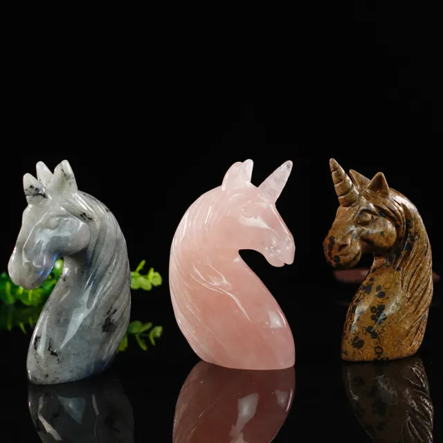 Hand Carved Unicorn Horse Head Natural Crystal Quartz Status Reiki Healing 2" 4"