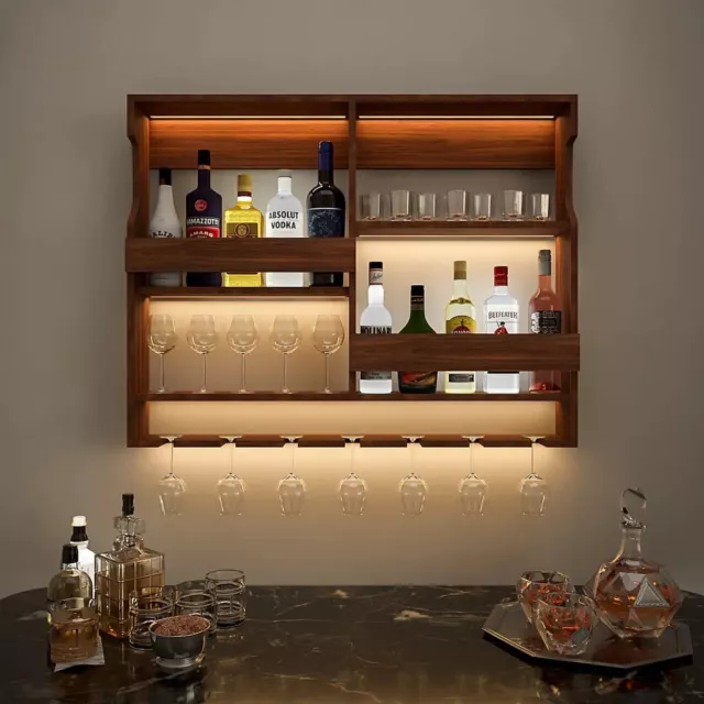 ODEJIA Wooden Wall Mounted Wine Rack, Bar Cabinet with Glass Storage