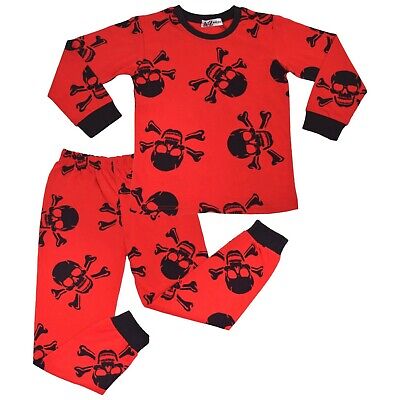 Kids Girls Boys Red Skull n Bones Pyjamas PJs 2 Piece Cotton Set Nightwear