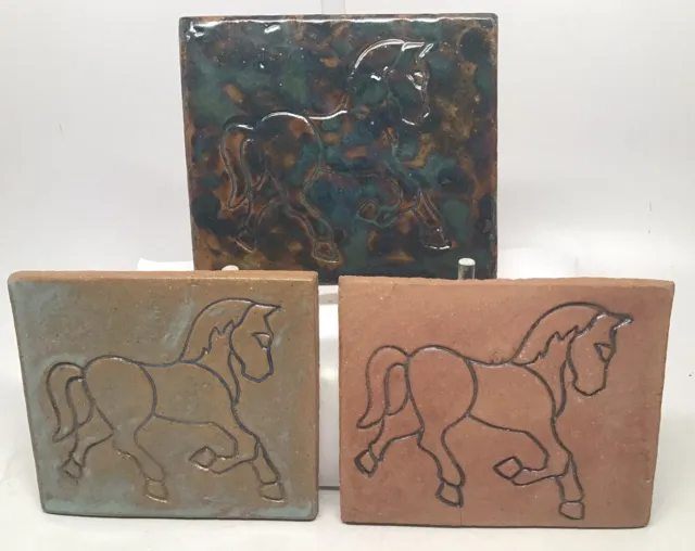 3 Terracotta Horse Tiles Handmade Signed 2 Glazed