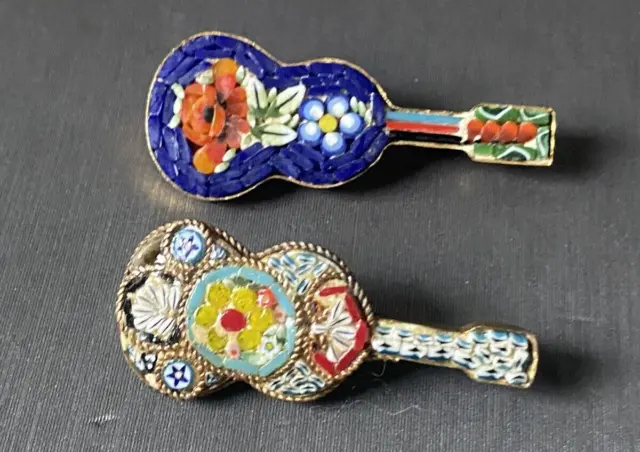 Vintage Italian Micro Mosaic Glass Floral Gold Tone Guitars Brooch Pin