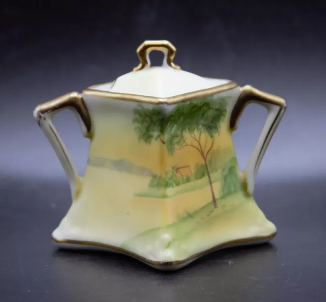 Antique Hand Painted Nippon Noritake Handled Lidded Sugar Bowl with Spoon