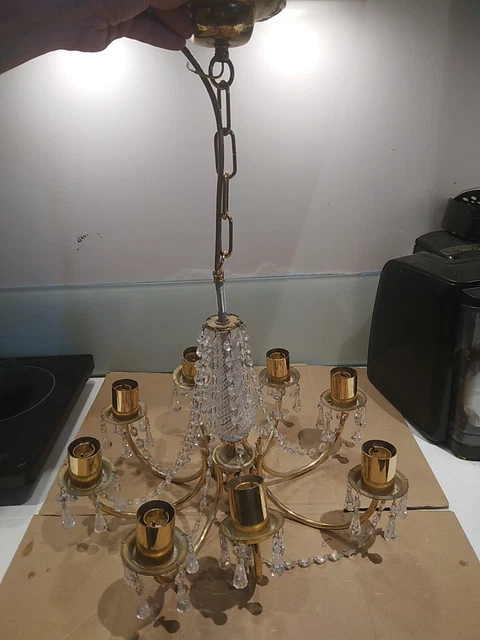 Vintage 8 Arm Heavy Brass? Ceilng Light Fitting Chandelier needs cleaning PI155