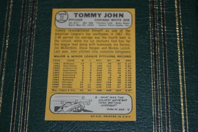 CARTE BASEBALL TOMMY John 1968 Topps #72 Nm-Mt+ Chicago White Sox Beaut ...
