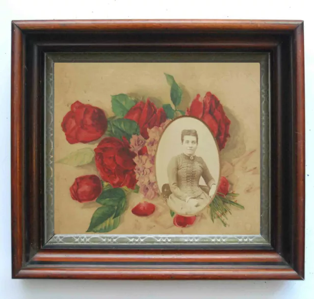Victorian Mourning Memorial Shadowbox Frame Floral Chromolithograph Cabinet Card