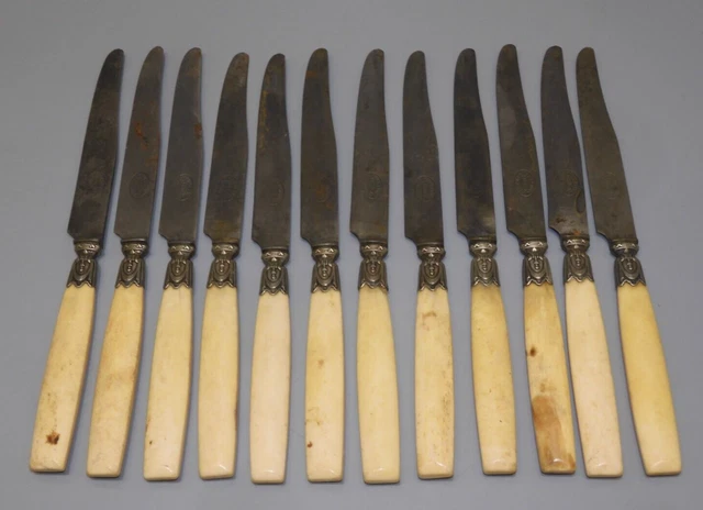Lot De 12 Anciens Couteaux De Table Pradel – Manche Bois Verni Couleur Miel (occasion)