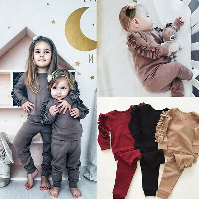Infant Kids Baby Girl Fall Long Sleeve Solid Frill Tops Pant Pajamas Outfit