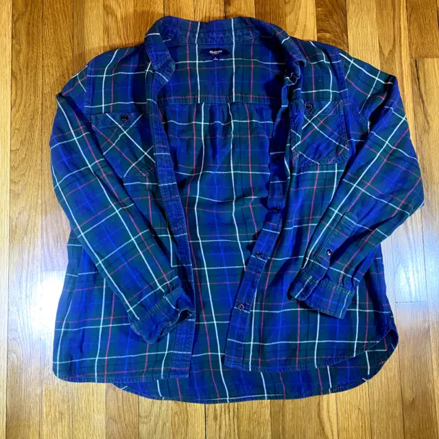 Madewell Shirt Womens Large L Green Blue Plaid Button Up Long Sleeve Pocket T