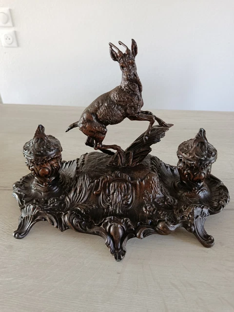 Encrier Décoratif En Régule – Scène Champêtre Avec Animaux, XXème, Objet De Vitrine