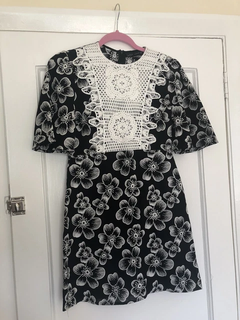 ZARA BLACK & White Mini Dress Cotton Floral Crochet Bib Front Dress XS BNWT  21.49 - PicClick UK