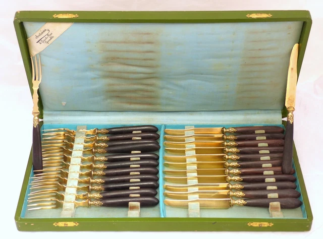 19TH - LOUIS XV Style French Dessert Set 24 pieces Brass Wood Handles Table BOX