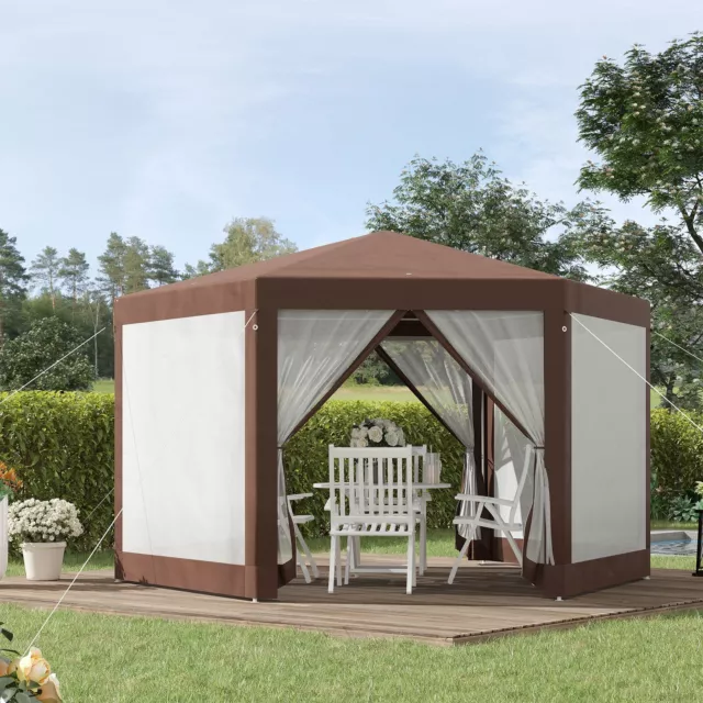 Hexagonal Outdoor Party Tent Garden Gazebo with Mosquito Netting Brown