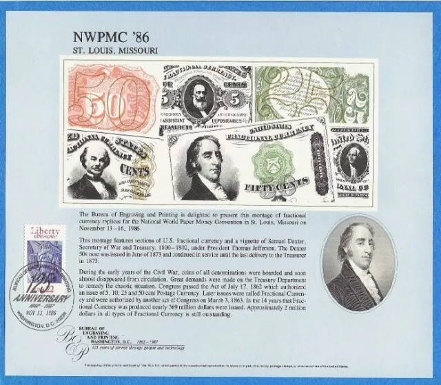 BEP souvenir card B 99 NWPMC 1986 V/C cancel fractional currency collage Dexter