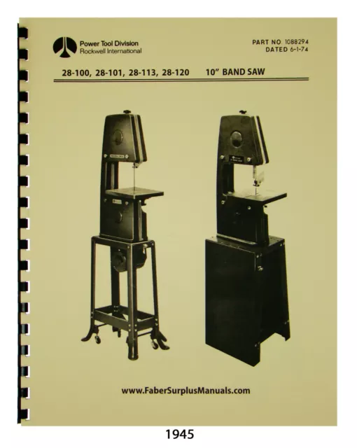 Rockwell 10" Bandsaw 28-113, 28-120, 28-125 Instruction & Parts Manual #1945