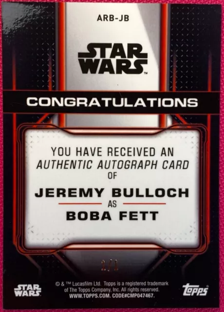 Star Wars Chrome Legacy, J Bulloch (Boba Fett) Superfractor Autograph Card #1/1 2