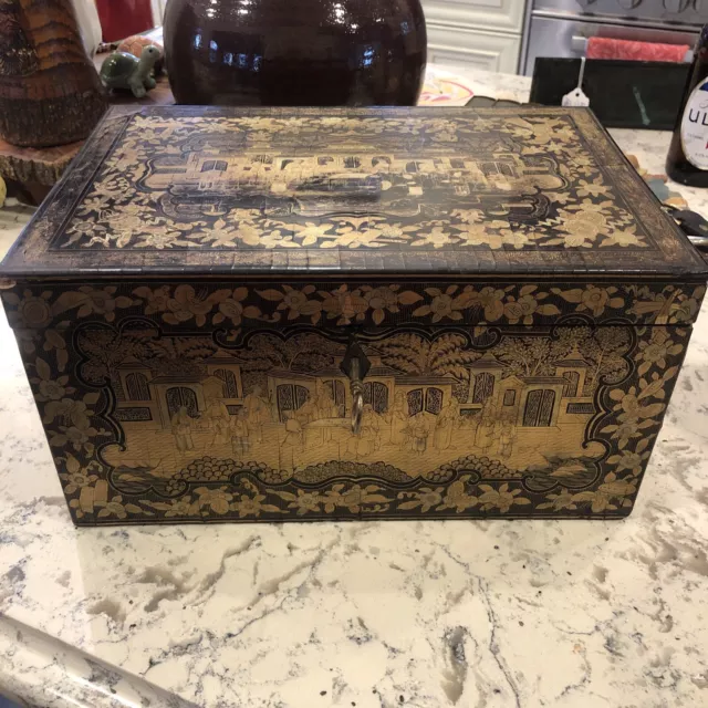 Antique Chinese Tea Box. Lacquered Wood. Original Inner Container Missing