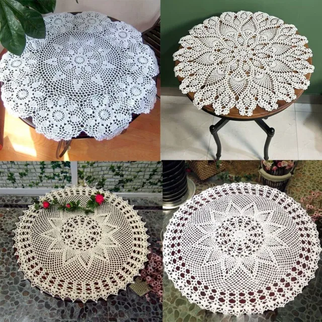 24" Vintage Hand Crochet Cotton Tablecloth Round Table Topper Flower Lace Doily