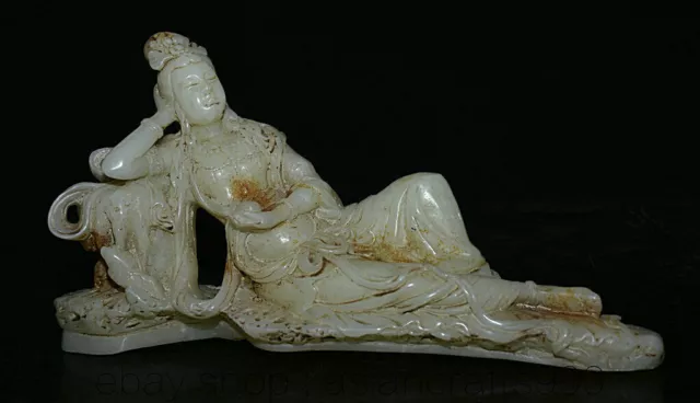 12,2 "chinesische weiße Jade-geschnitzte Feng Shui-Schaf-Guanyin-Göttin-Statue