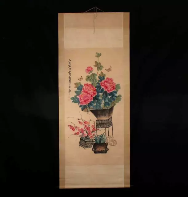 Qi Baishi Signed Old Chinese Hand Painted Scroll w/butterfly
