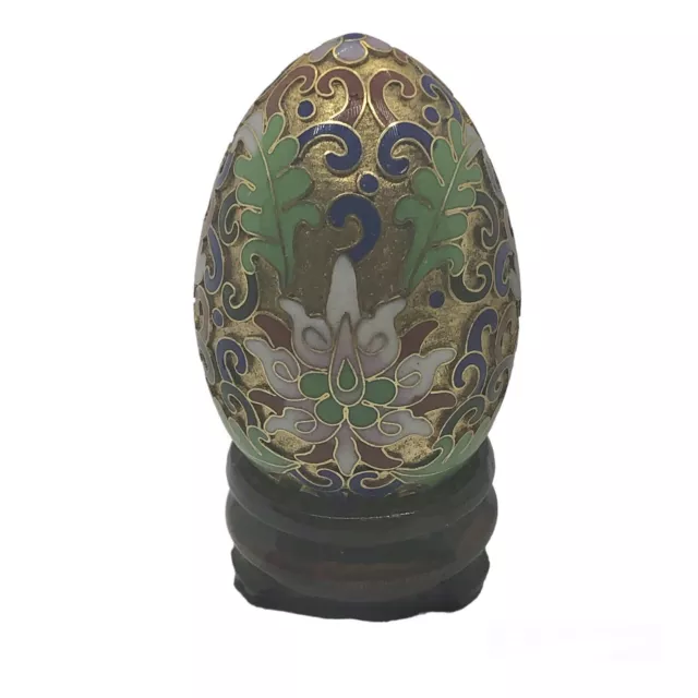 Vintage Cloisonne Egg 2.5” Lotus Flowers Goldtone Enamel on Wood Base Gilded