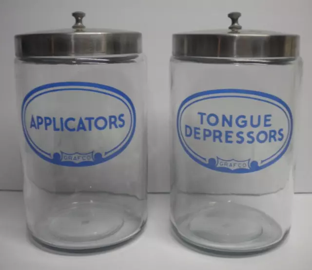 Vintage Lot of 2 Grafco Medical Jars w/ Lids Applicators & Tongue Depressors