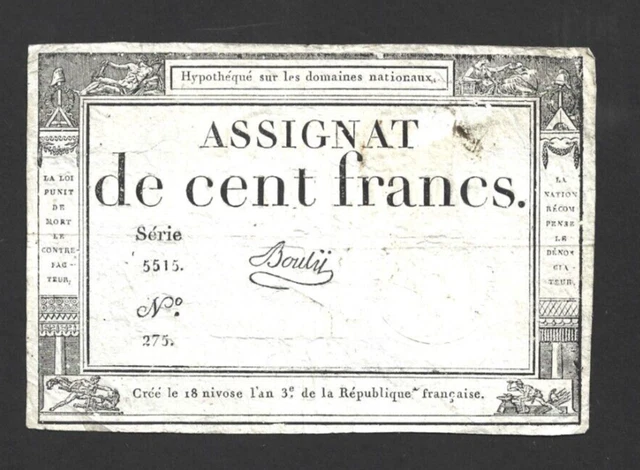100 Francs Fine  Banknote From France  1795  Pick-A78