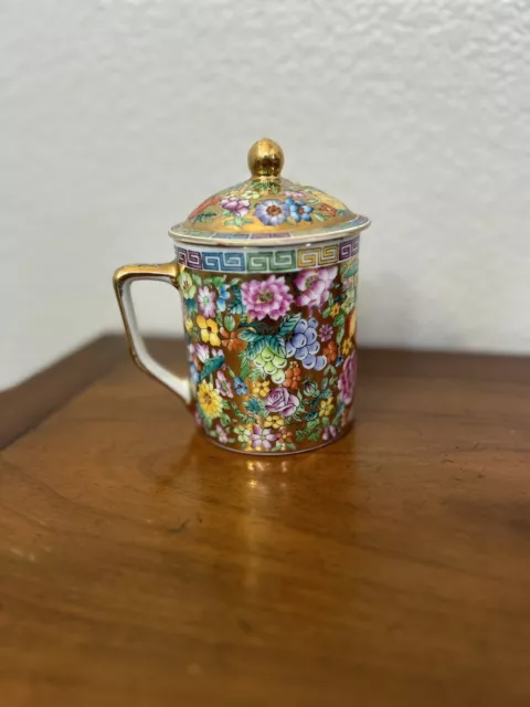 Vintage Chinese Porcelain Hand Painted 6" Fruit Motif Tea Cup w/ Lid