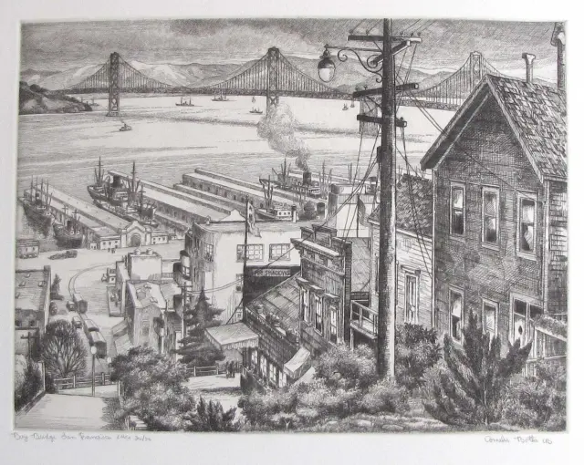 Cornelis Botke Vtg. Original Etching -- "Bay Bridge, San Francisco" California