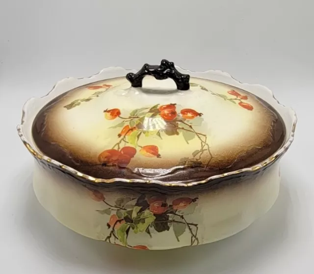 ANTIQUE WARWICK IOGA CHINA SERVING DISH & LID HAND PAINTED BERRIES C. 1890's
