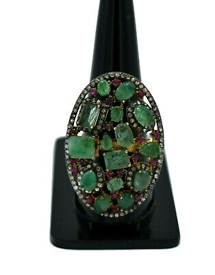 Gorgeous Ring Emerald Ruby Gems Ring Pave Diamond Ring 925 Sterling Silver Ring