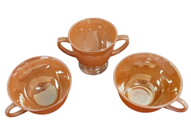 FIRE KING Peach Iridescent Shimmering Lusterware Sugar Bowl + 2 Tea Cups Vintage