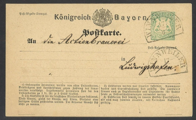 Altdeutschland Bayern 1874 Postkarte P1 mit HKS Winnweiler Brauerei Ludwigshafen