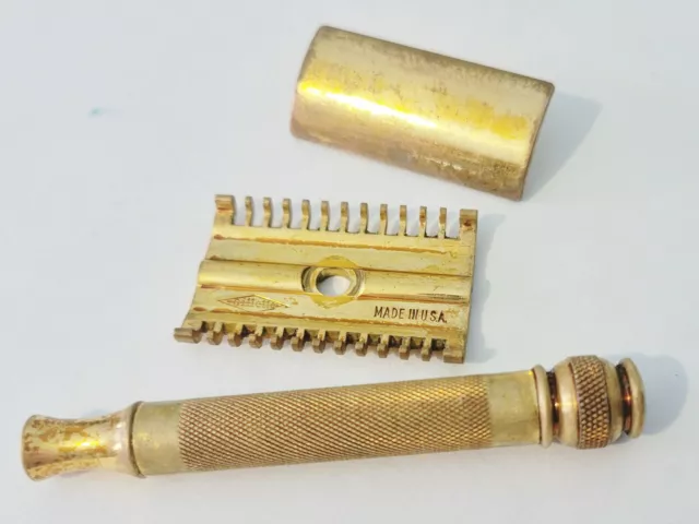 Vintage Gillette 1940s Gold Tone Ball End Double Edge Safety Razor USA Plas Case
