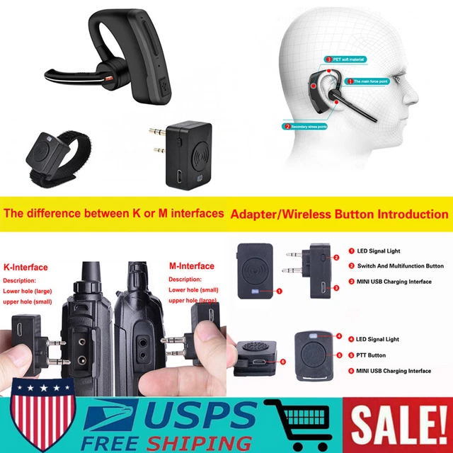 Walkie Talkie Wireless Headset 2 Way Radio Headset K/M Type for Baofeng/Motorola