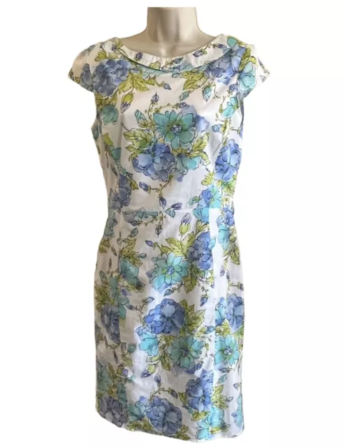 OASIS Size 10 LINED COTTON Light DRESS FLORAL Cottagecore White Blue Green Dress