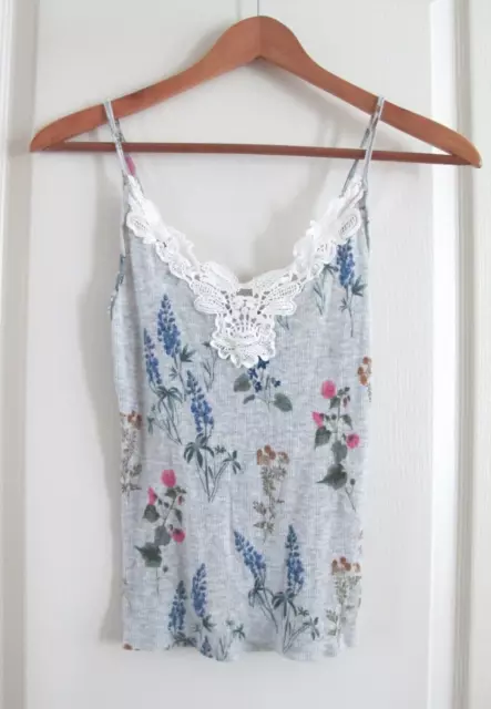 ANTHROPOLOGIE E by Eloise Ribbed Lace Floral Cami Tank Top S Grey NEW