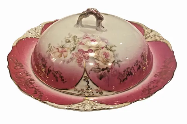 1850-1899 Unmarked Nippon/Moriage Hand Painted Butter Dish Domed Lid Gold Gilt