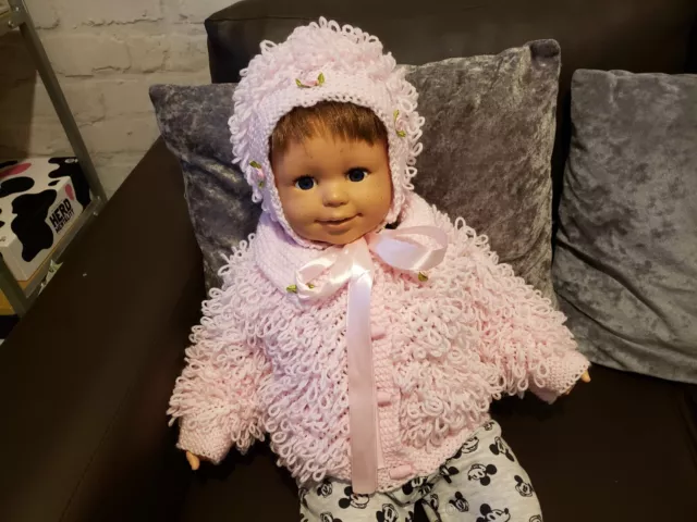 3-6 Months baby girls loopy hand knitted hat & cardigan Pink Rosebuds