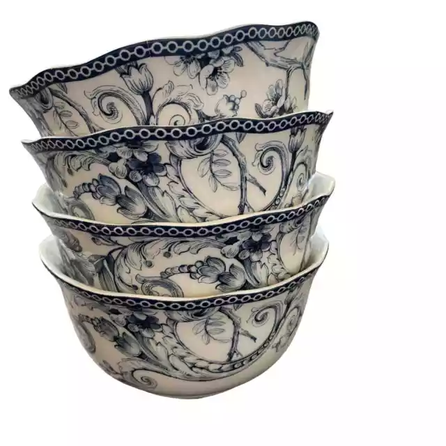 222 fifth Adelaide Blue White Toile Birds Porcelain Cereal Soup Bowls Set 4 NEW