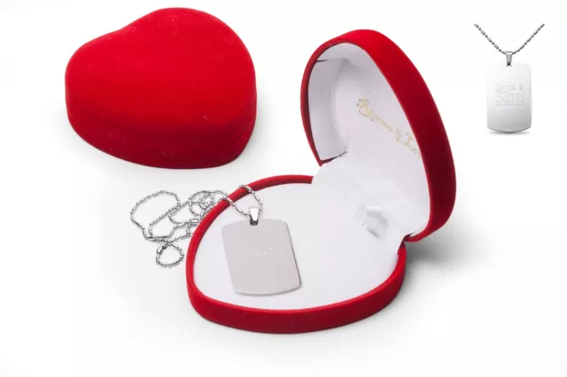 Colgante Dogtag con Collar CAJA DE CORAZÓN Acero Inoxidable con TEXTO Grabado Día de San Valentín