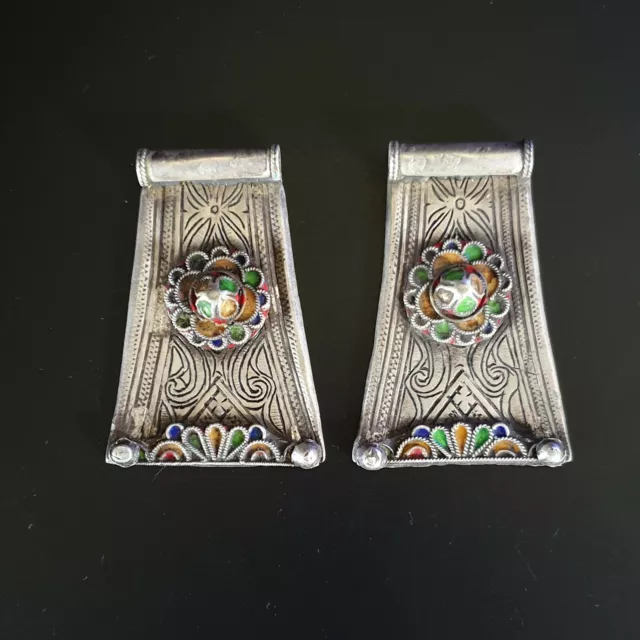 Morocco – Pair of Berber pendant vintage in silver, enamel and niello