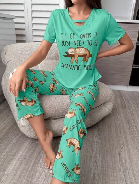 Türkis lustiger Faultier Damen Pyjama PJs Geschenk Neuheit Slogan Größe 12 - 14