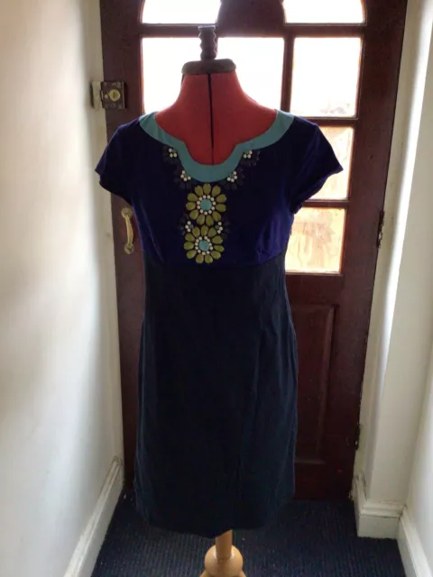 Boden Womens Blue Floral Beaded Neckline Dress Uk 10P