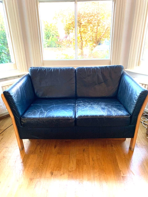 Danish mid century black leather and beech 2-seater sofa