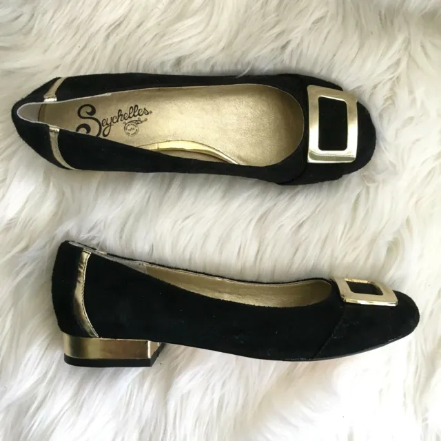 seychelles shoes size 7 black suede gold pilgrim buckle slip on NEW