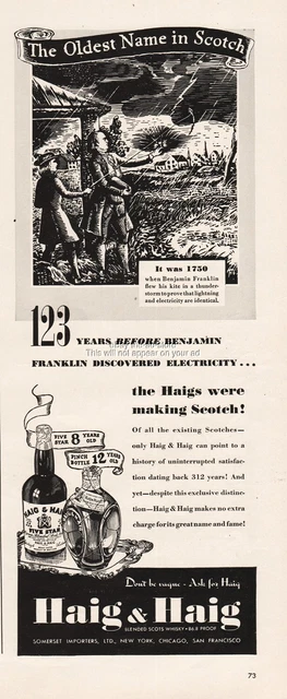 1939 Haig & Haig Scotch Whisky 1750 Benjamin Franklin Kite Electricity Print Ad