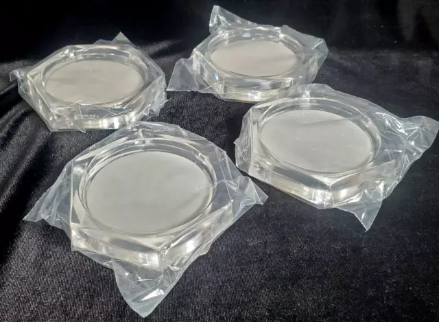 Set of 4 Clear Acrylic Block Hexagon Coasters with Cork Bottoms 3.75" Sealed New