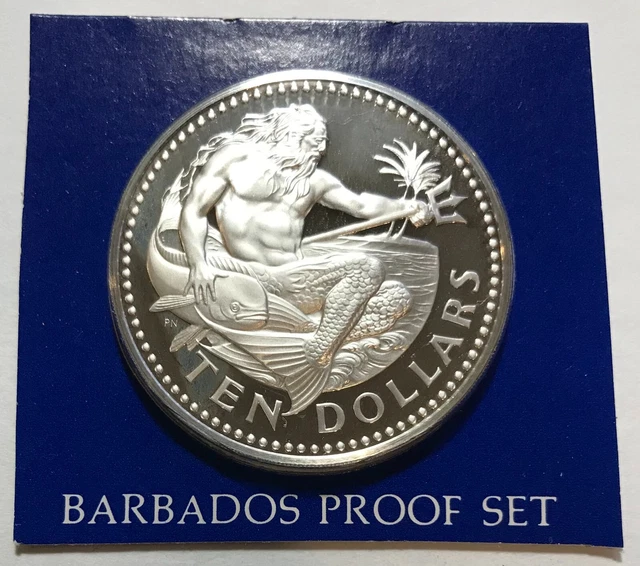 Barbados 10 (Ten) Dollars 1980 - Neptune (Poseidon) - Sterling Silver Proof