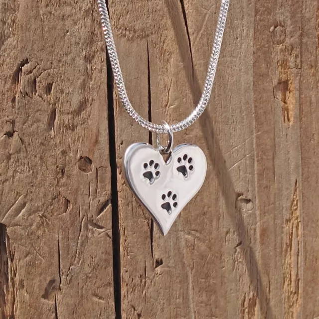 Dog Paw Print Heart Pendant Necklace Sterling Silver Pet Loss Cat Animal Boxed